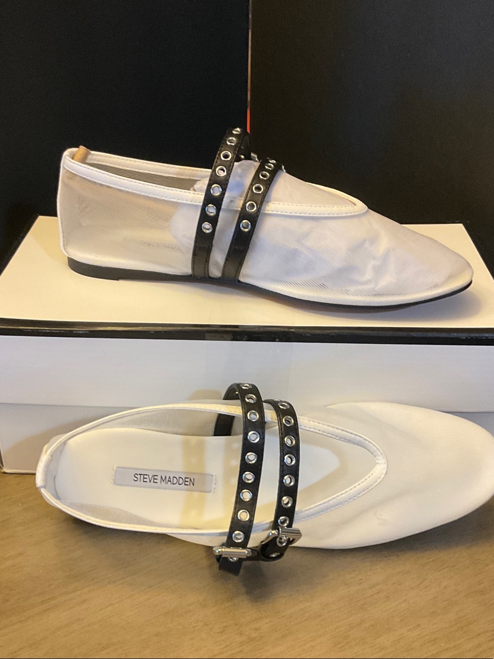 Steve Madden White Loafers with Black Studded Double Straps